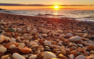 Картинка песок, море, камни, лето, берег, пляж, галька, закат