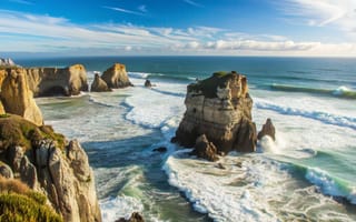Картинка море, волны, sea, waves, ocean, тучи, скалы, берег