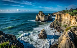 Картинка море, волны, ocean, sea, тучи, скалы, waves, берег