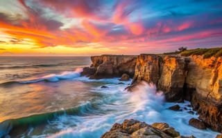 Картинка море, волны, закат, берег, waves, тучи, sea, скалы
