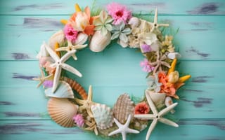Картинка лето, цветы, венок, beach, ракушки, colorful, summer