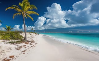 Картинка beach, sea, landscape, palm trees, sand