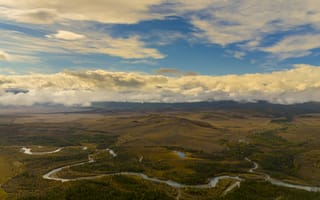 Картинка облака, река, горизонт, Курайская степь, красота, Чуйские меандры, простор, Ковалев Дмитрий