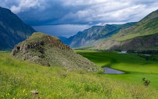 Картинка облака, горы, зеленая трава, красота природы, Респ, Алтай, Сергей Дужников
