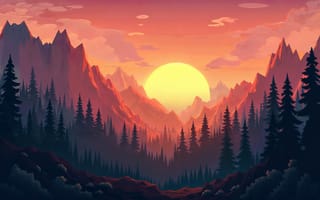 Картинка Закат, Солнце, Лес, Горы, Sunset, Art, Дизайн, Design