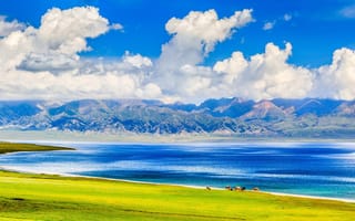 Картинка лето, Облака, Водоем, Простор, Горы, summer, Голубое небо, Красота