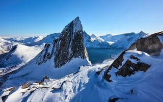 Картинка Норвегия, пик, Peak, Снежные горы, Fjordgard, Lake Segla, Snow Mountains, Norway