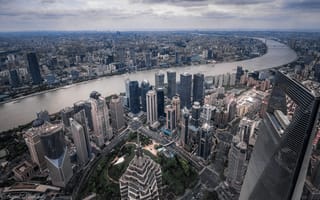 Картинка облака, река, China, архитектура, Шанхай, Китай, небоскребы, Shanghai