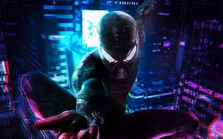 Картинка небоскребы, неон, марвел, маска, Spiderman, жест, ночной город, Fanart