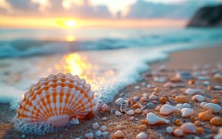Картинка песок, море, пляж, берег, ракушка, волны, лето, небо