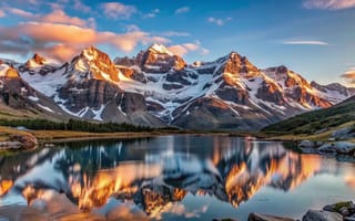 Картинка снег, горы, landscape, озеро, lake, reflection, mountains, отражение