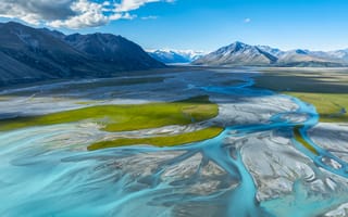Картинка green, river, sky, valley, mountains, New Zealand, landscape