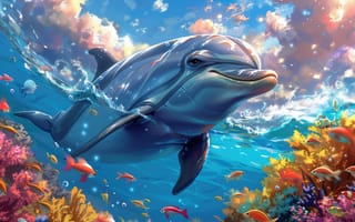Картинка Вода, Облака, Рыбы, ИИ-арт, Дельфин, Цифровое искусство, Подводный мир, Коралл