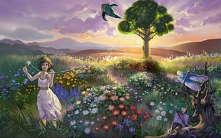 Картинка CG, девочка, пейзаж, дерево, Lei Sheng, evening, закат, sky, поле, flowers, Before dark, воздушный змей, girl, sunset, вечер, стрекоза, landscape, tree, цветы, clouds, облака, небо