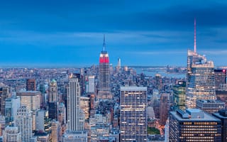 Картинка USA, skyline, New York City, Manhattan, United States of America, evening, blue, New York, biuldings, skyscrapers, NYC, Empire State Building, America