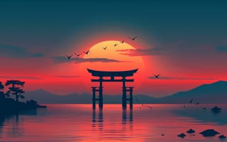 Картинка golden, sunset, birds, glow, lake