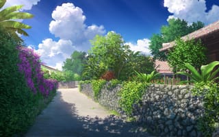 Картинка sky, trees, scenery, flowers, plants, sunlight, digital art, clouds