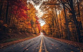Картинка дорога, осень, листья, autumn, road, лес, forest, деревья