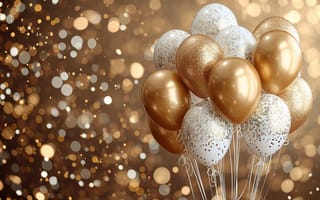 Картинка воздушные шары, balloons, bokeh, golden, день рождения, Happy Birthday