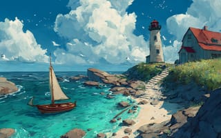 Картинка лодка, свет, ИИ-арт, синева, дом, НЕЙРОСЕТЬ, берег, море