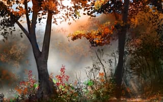Обои нарисованный пейзаж, осень, арт, лес, деревья