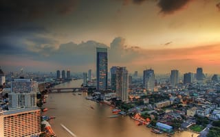 Картинка River, Бангкок, небо, дома, city, Таиланд, Landscape, Bangkok, город, Пейзаж, Река