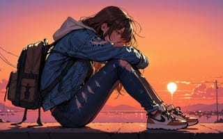 Картинка girl, anime, sitting, alone, school, roadside