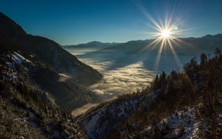 Картинка sunset, fog, Mountains, trees, snow