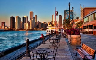 Картинка Navy Pier, дома, сша, небоскреб, скамейка, рассвет, Chicago, залив, столик