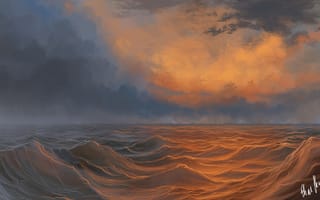 Картинка море, арт, нарисованный пейзаж, облака, волны, дождь