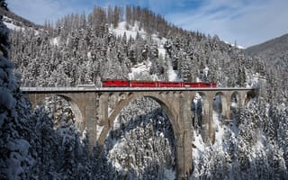 Картинка Швейцария, лес, forest, зима, winter, снег, Визенский виадук, train, Визен, Switzerland, поезд, Vizensky viaduct, Wiesen, snow