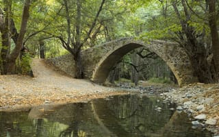 Картинка парк, лес, листья, река, мост, деревья, ручей, отражение, камни