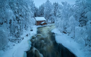 Картинка зима, лес, хижина, река, Финляндия, Finland, снег, мельница