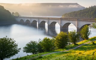 Картинка лес, солнце, Edale Valley, туман, река, мост, деревья, England