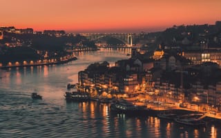 Картинка мост, Португалия, вечер, канал, огни, город, река, Порту