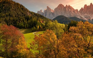 Картинка осень, лес, деревья, скалы, Italy, Funes Valley, горы