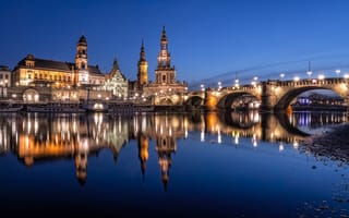 Картинка мост, отражение, Германия, здания, ночной город, дома, Дрезден, река