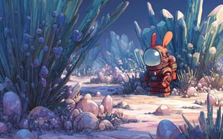 Картинка science fiction, astronaut, spacesuit, crystal, rabbits, concept art, illustration, AI art