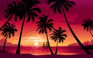 Картинка природа, закат, солнце, кораблик, пальмы, море, пляж, вектор
