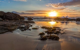 Картинка море, волны, пляж, скалы, всплеск, beach, утро, восход
