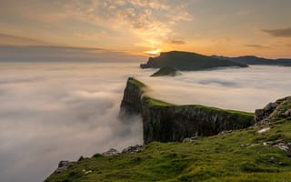 Картинка grass, sky, sunrise, mountains, rocks, clouds, landscape, nature