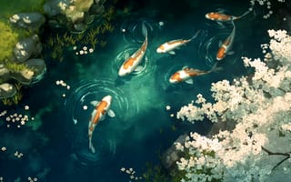 Картинка Pond, Cherry Blossom, Fish, Zen Koi
