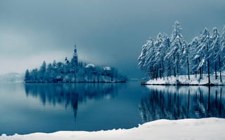 Обои зима, снег, озеро, на острове, собор
