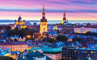 Картинка Tallinn, здания, Estonia, Эстония, ночной город, панорама, Таллин