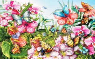 Картинка бабочка, цветы, природа, листья, мотылек