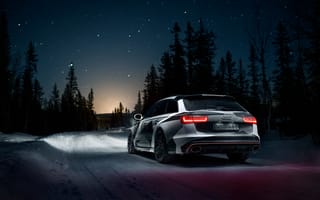 Картинка Quattro, Лес, Дорога, Rs6, Audi, Снег, Звёзды, Ночь