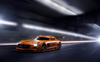 Картинка GT3, AMG, тоннель, мерседес бенц, orange, оранжевый, Mercedes-Benz, SLS