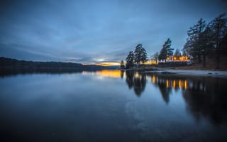 Картинка закат, lights, house, lake, sunset, дома, огни, озеро