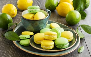 Картинка лимон, зеленое, тарелка, желтое, лайм, макарун, чашка, печенье, цитрусы, фрукты, десерт