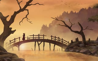 Картинка самурай, азия, мужчина, мост, деревья, арт, река